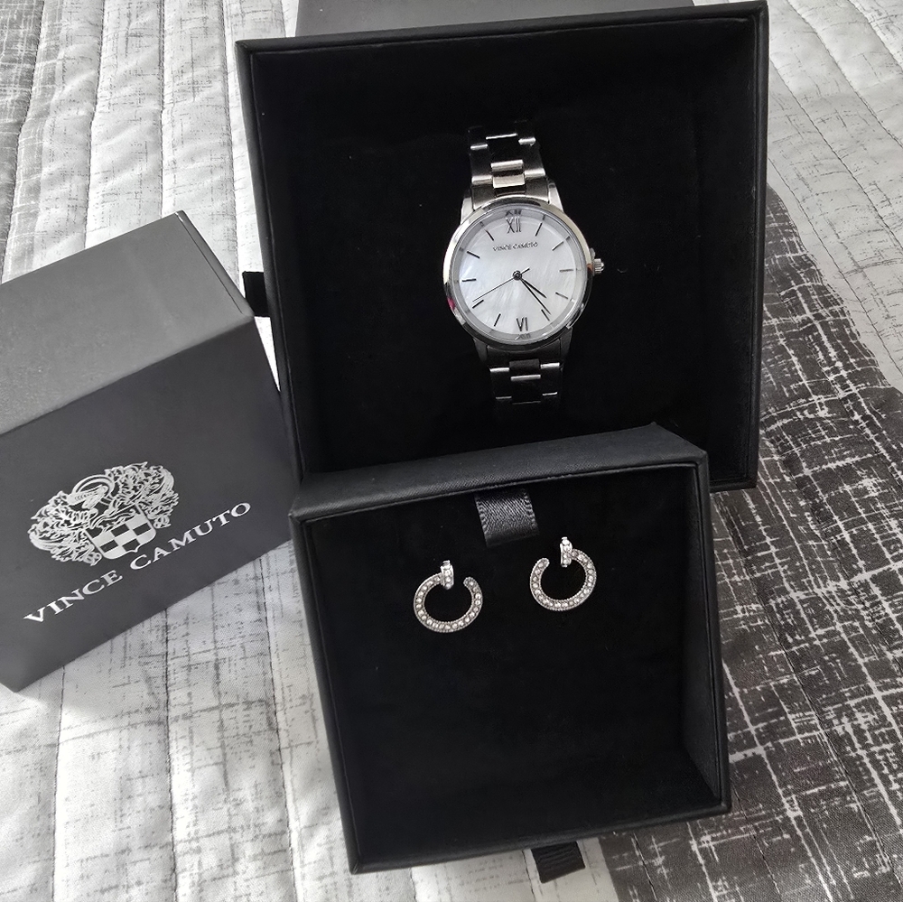 Vince Camuto Silver Stainless White Mother Of Pearl Dial Plus Ayla Earrings NWT